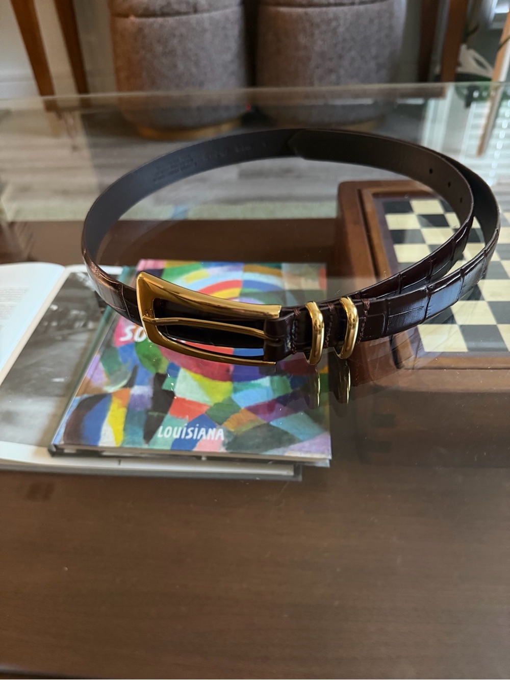 MADEWELL • elongated buckle belt in chocolate croc